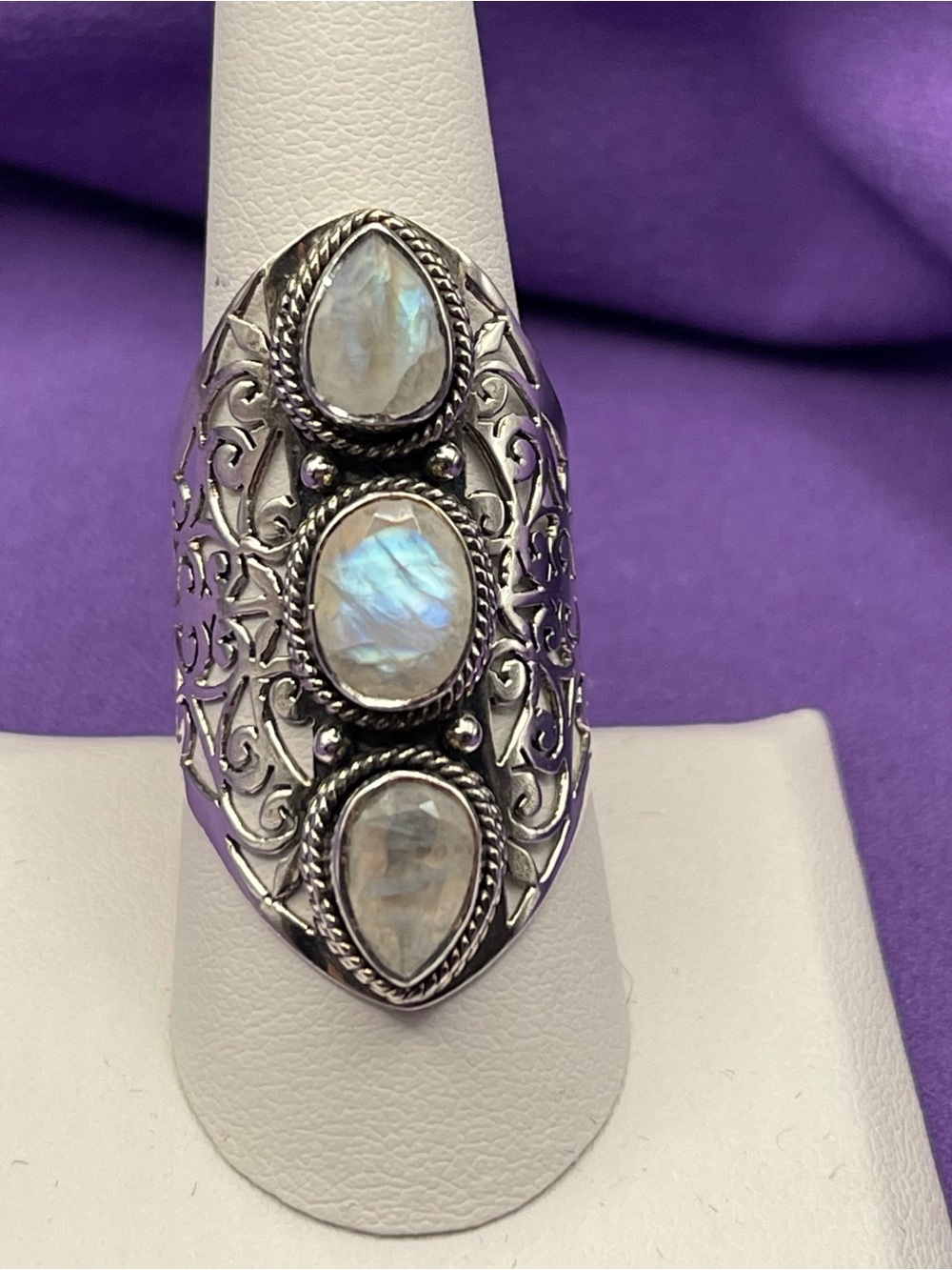 NWT Vtg .925 India SS  rainbow moonstone three stone filigree ring size 9
